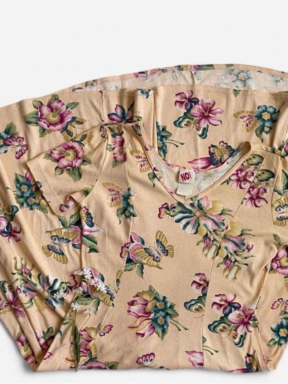 Vintage 90s does 70s pale peach floral butterfly dress